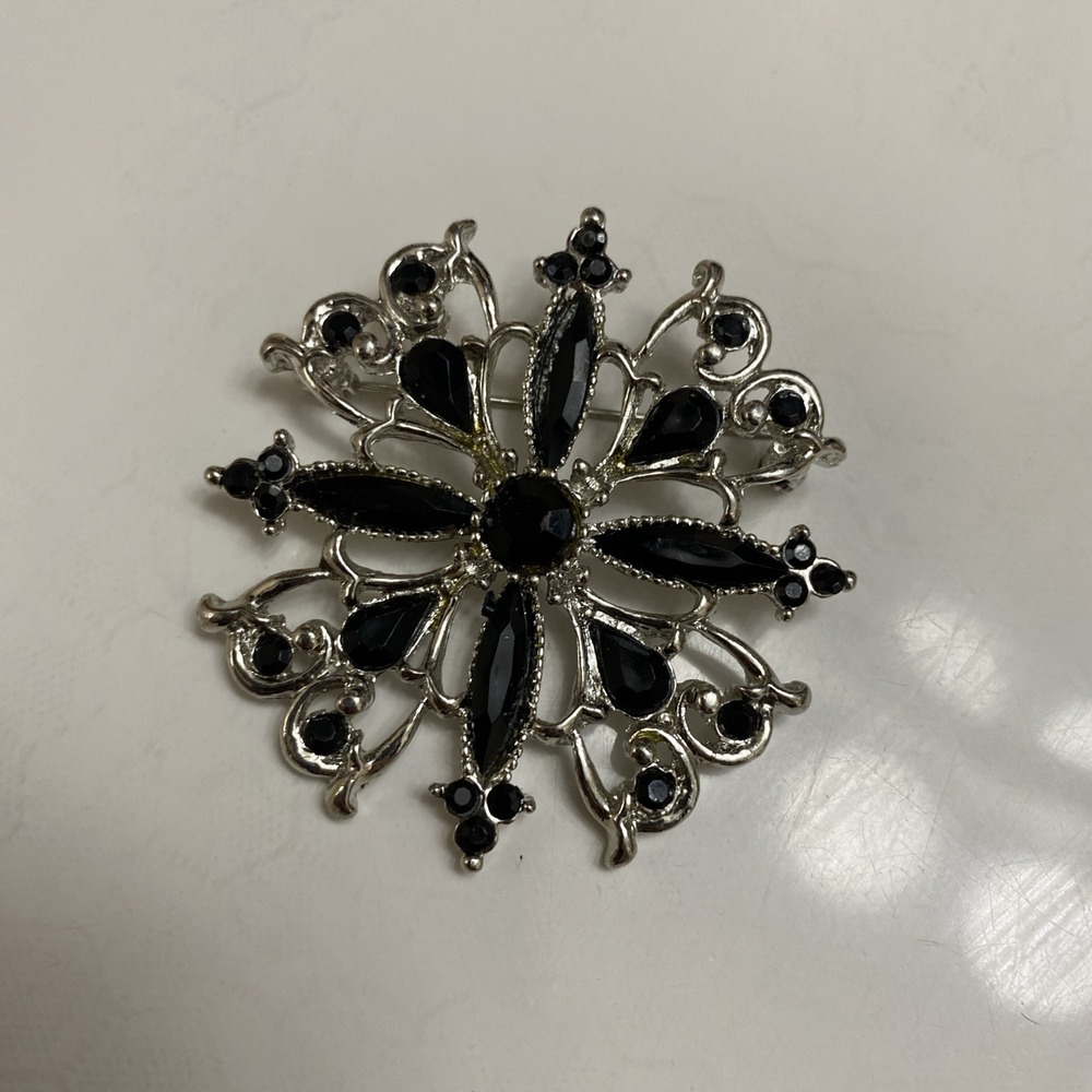 Vintage Large 2" x 2" Black Crystal  & Silver Tone Metal Costume Pin